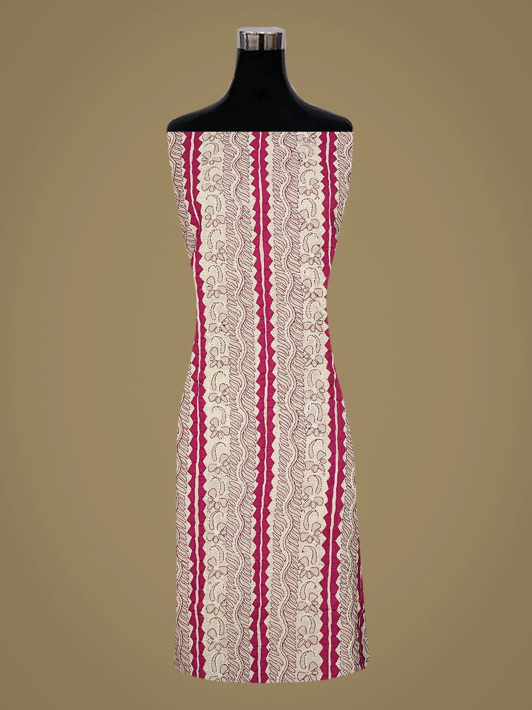 Ada Hand Embroidered Ivory White And Magenta Cotton Lucknowi Chikankari Unstitched Suit Piece 08A500497