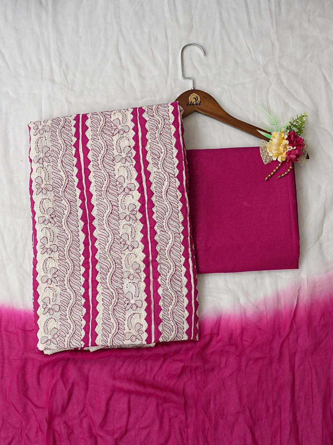 Ada Hand Embroidered Ivory White And Magenta Cotton Lucknowi Chikankari Unstitched Suit Piece 08A500497