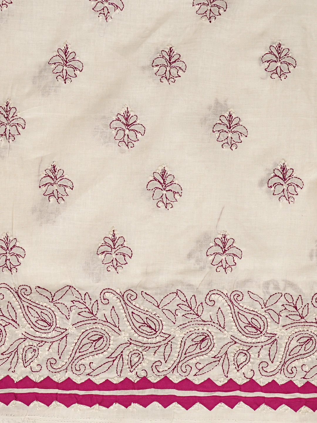 Ada Hand Embroidered Ivory White And Magenta Cotton Lucknowi Chikankari Unstitched Suit Piece 08A500497