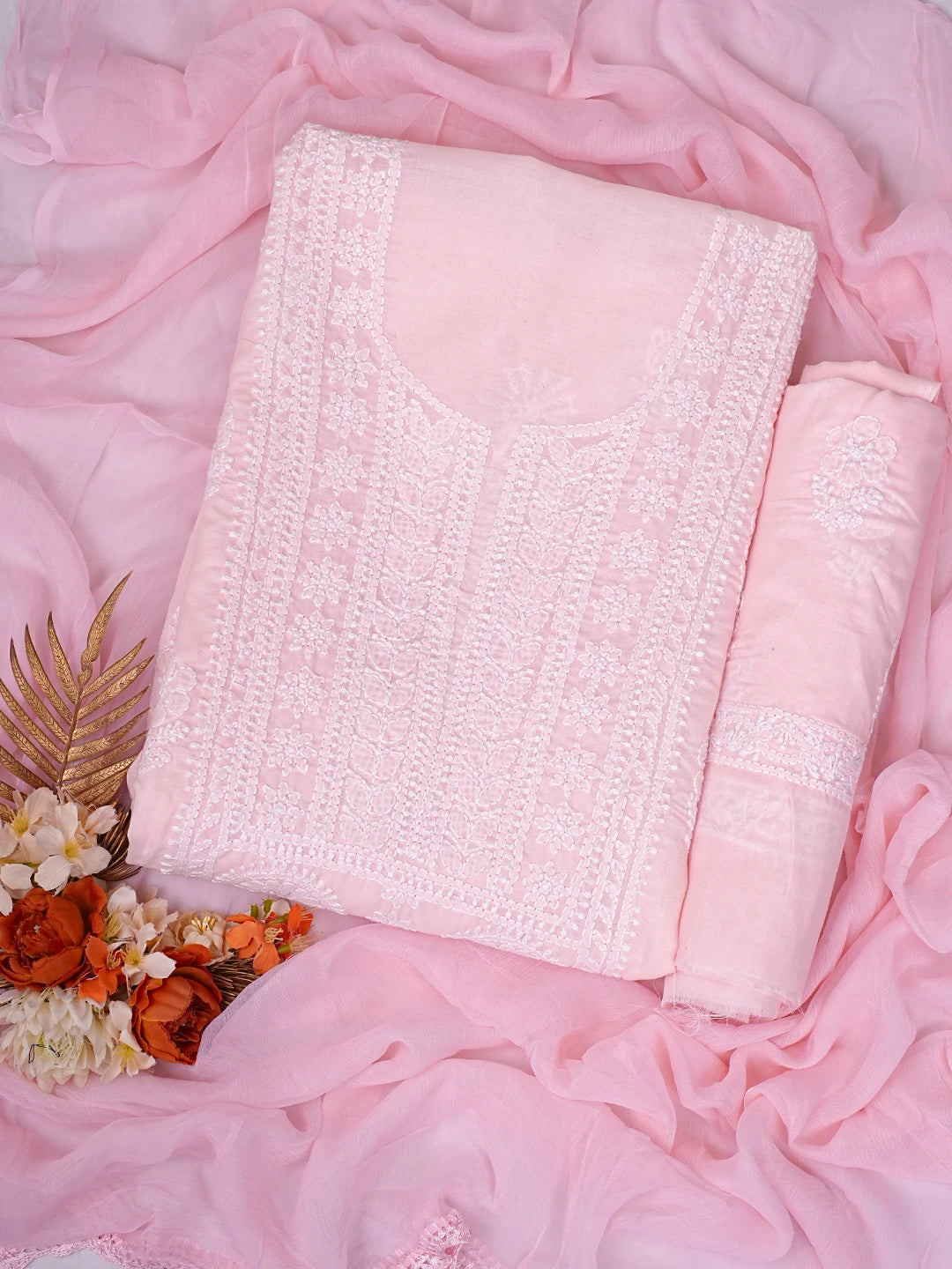 Ada Hand Embroidered Pink Cotton Lucknowi Chikankari Unstitched Suit Piece 01A783022
