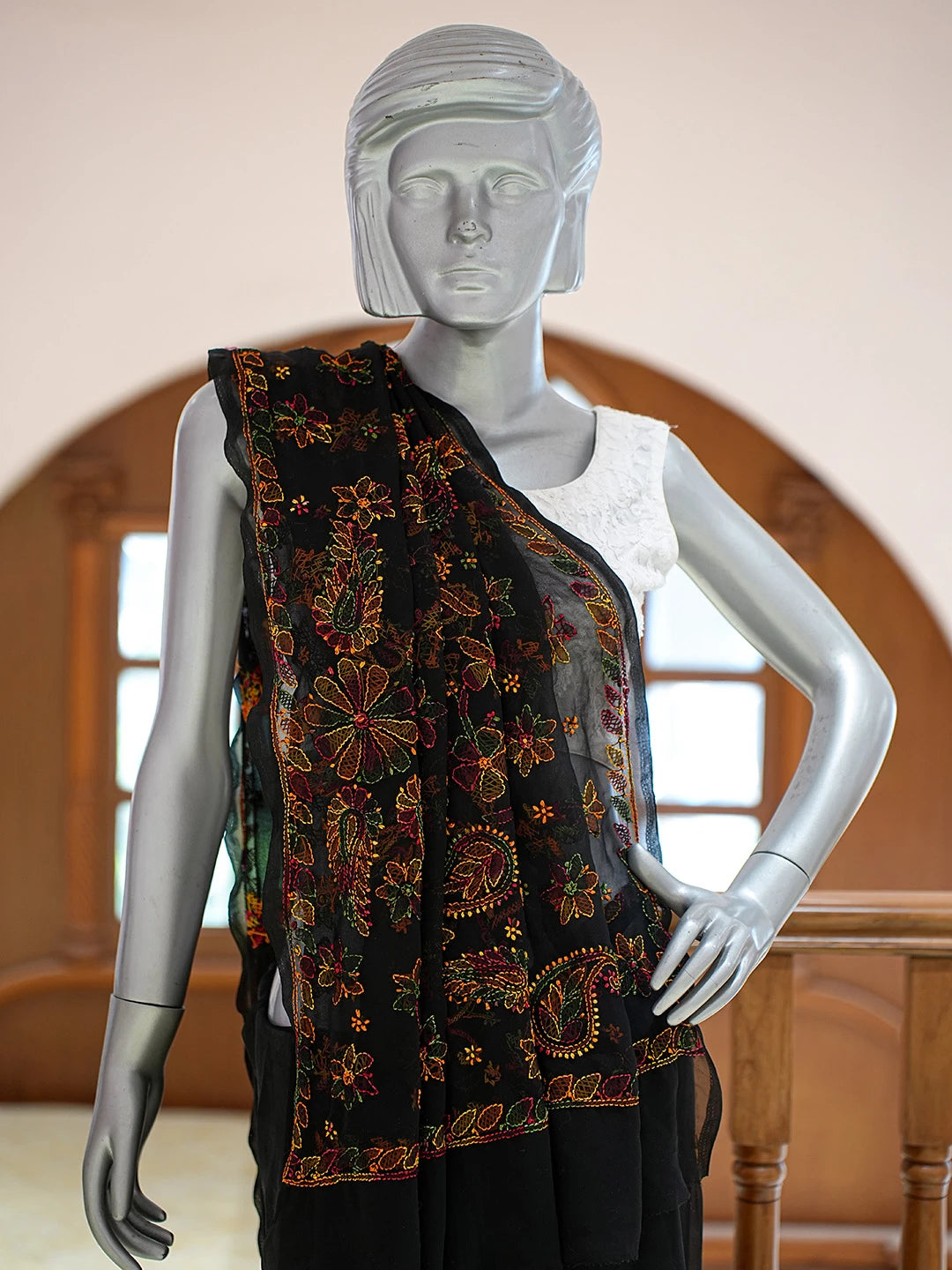 Ada Hand Embroidered Black Georgette Lucknowi Chikankari Saree and Blouse 01A823393