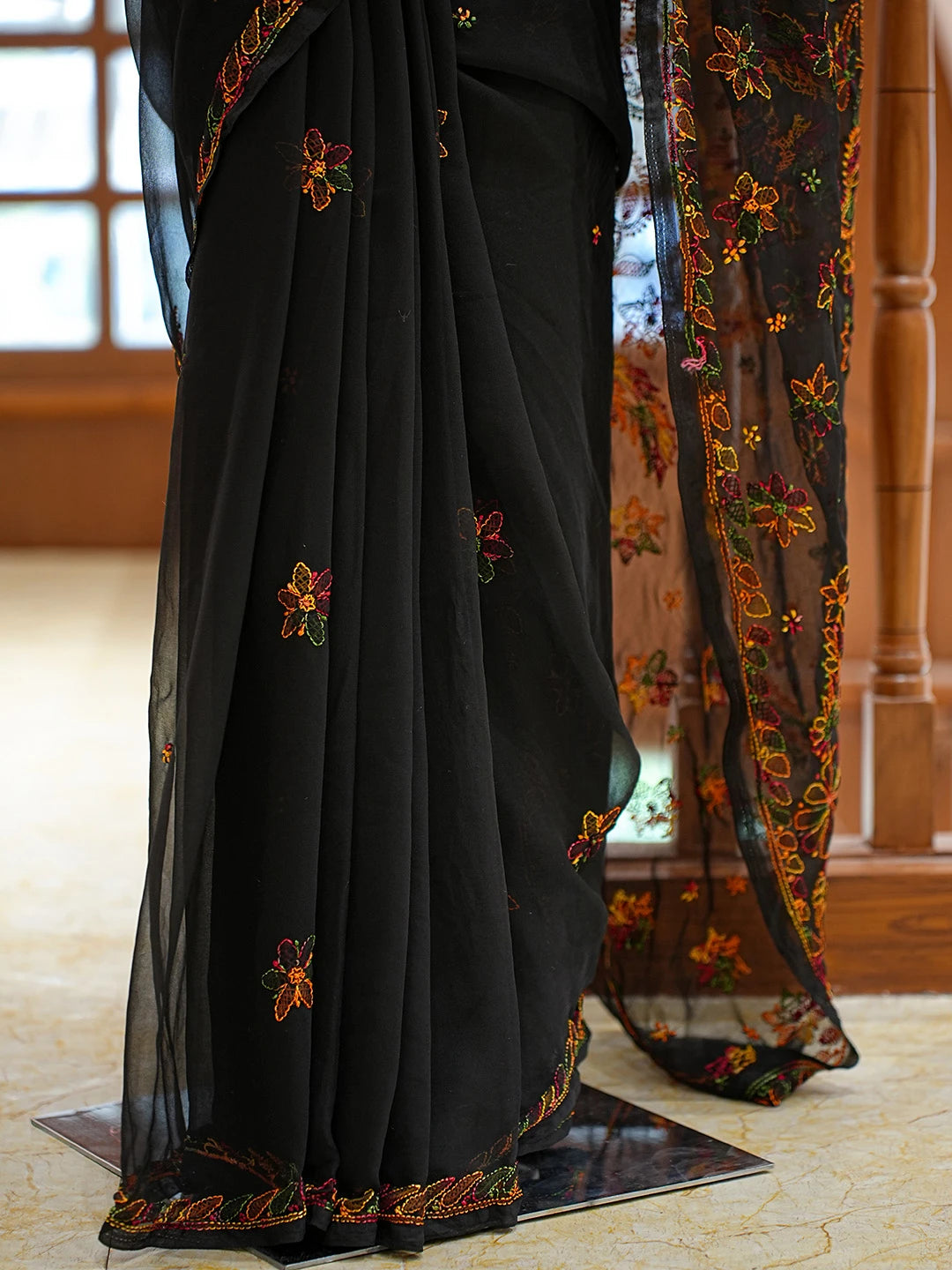 Ada Hand Embroidered Black Georgette Lucknowi Chikankari Saree and Blouse 01A823393