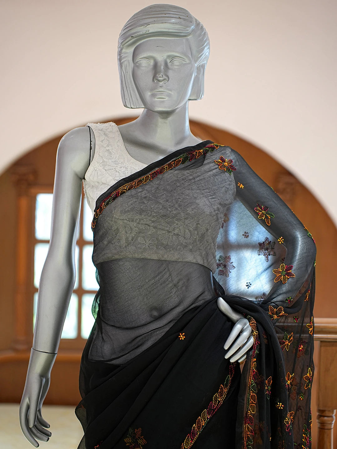 Ada Hand Embroidered Black Georgette Lucknowi Chikankari Saree and Blouse 01A823393