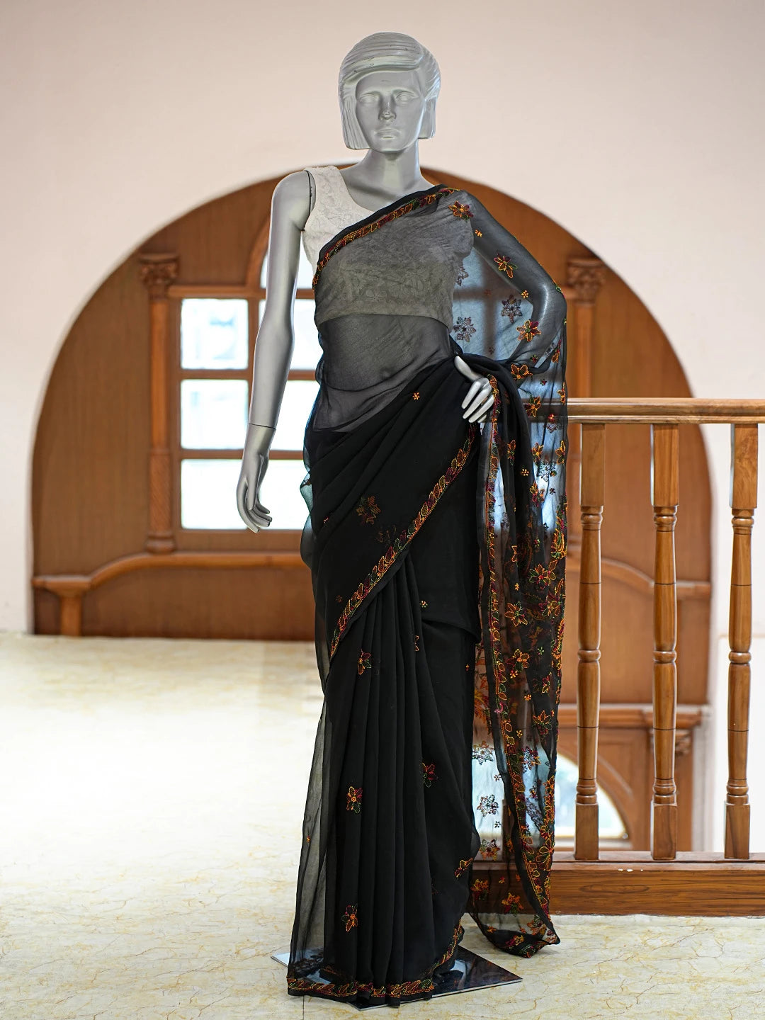 Ada Hand Embroidered Black Georgette Lucknowi Chikankari Saree and Blouse 01A823393