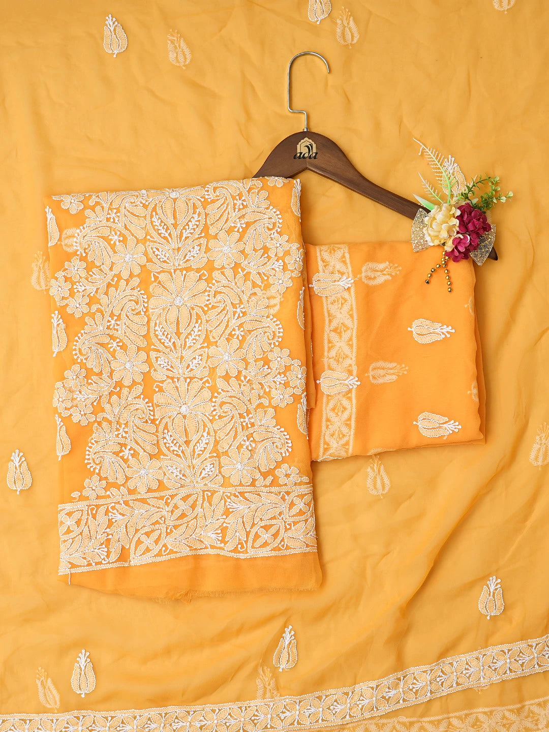 Ada Hand Embroidered Mustard Georgette Lucknowi Chikankari Unstitched Suit Piece 01A793480