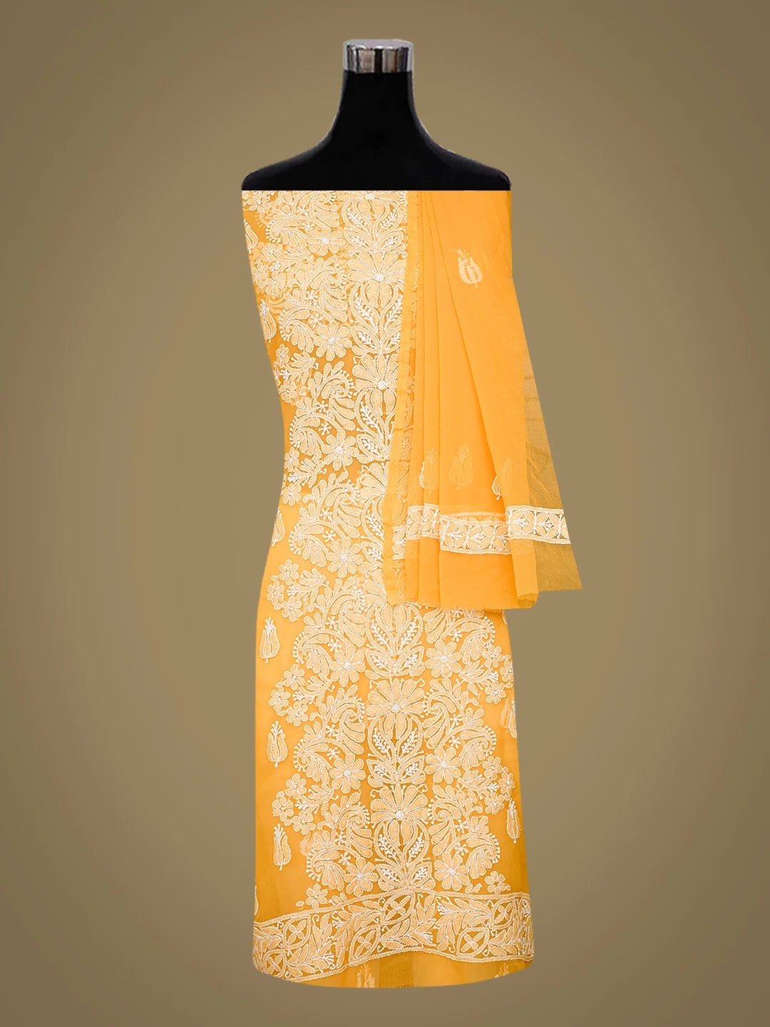 Ada Hand Embroidered Mustard Georgette Lucknowi Chikankari Unstitched Suit Piece 01A793480