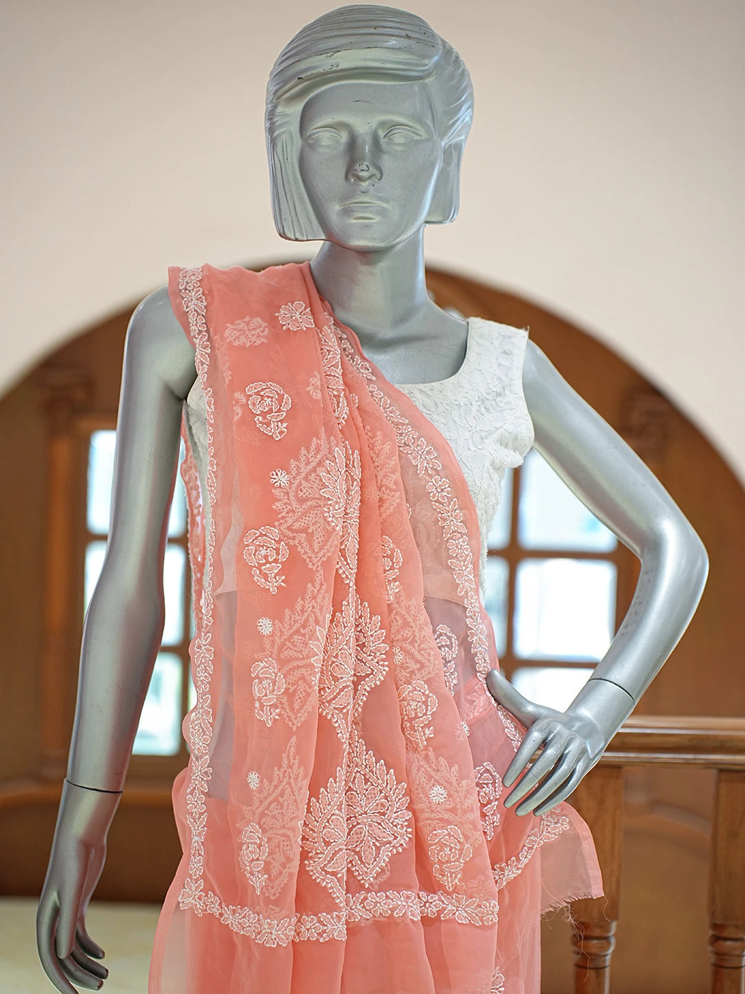 Ada Hand Embroidered Peach Georgette Lucknowi Chikankari Saree and Blouse 01A823321