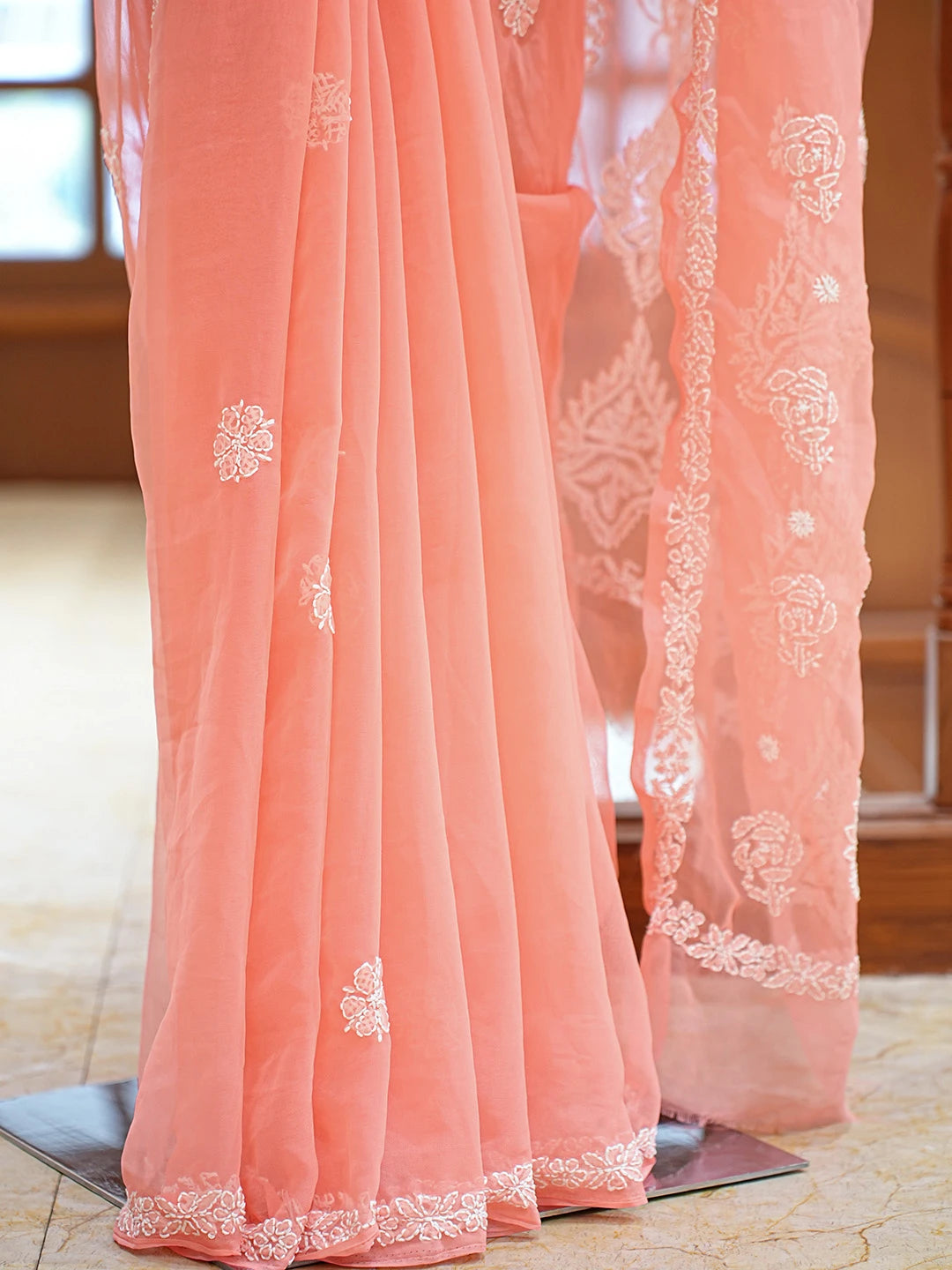 Ada Hand Embroidered Peach Georgette Lucknowi Chikankari Saree and Blouse 01A823321