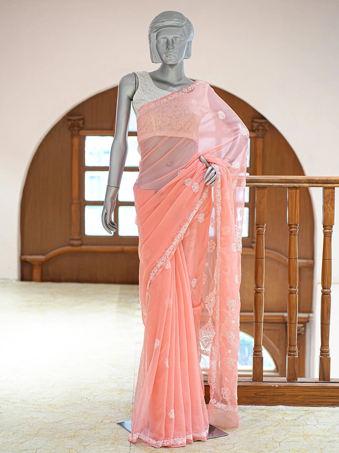 Ada Hand Embroidered Peach Georgette Lucknowi Chikankari Saree and Blouse 01A823321