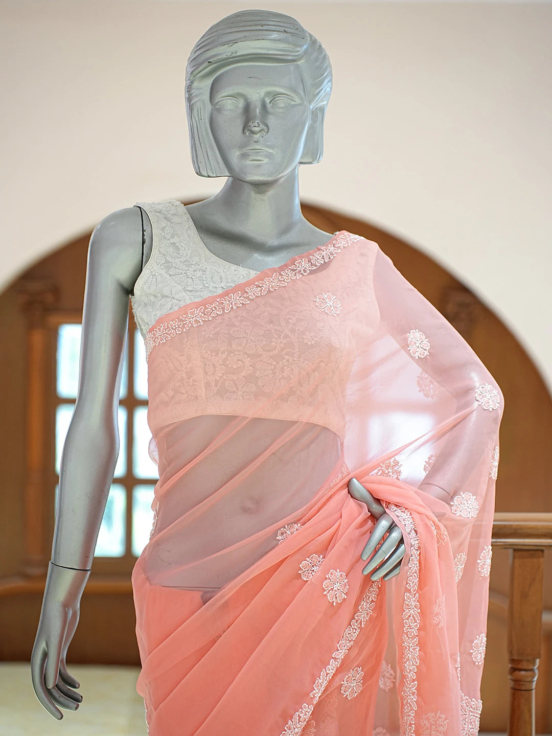 Ada Hand Embroidered Peach Georgette Lucknowi Chikankari Saree and Blouse 01A823321