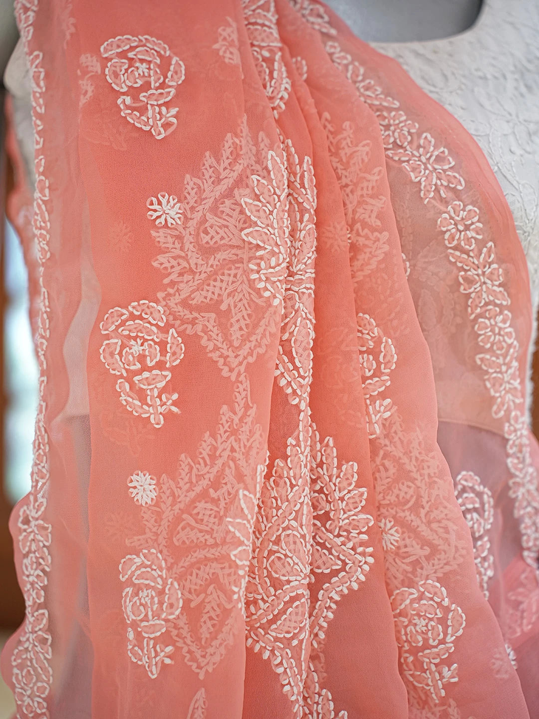 Ada Hand Embroidered Peach Georgette Lucknowi Chikankari Saree and Blouse 01A823321