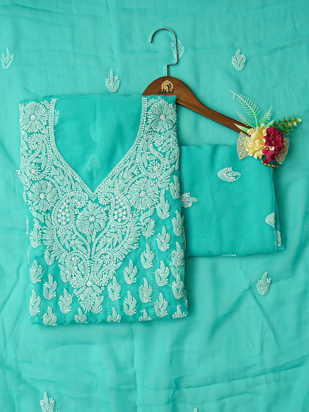Ada Hand Embroidered Sky Blue Georgette Lucknowi Chikankari Unstitched Suit Piece 01A823780