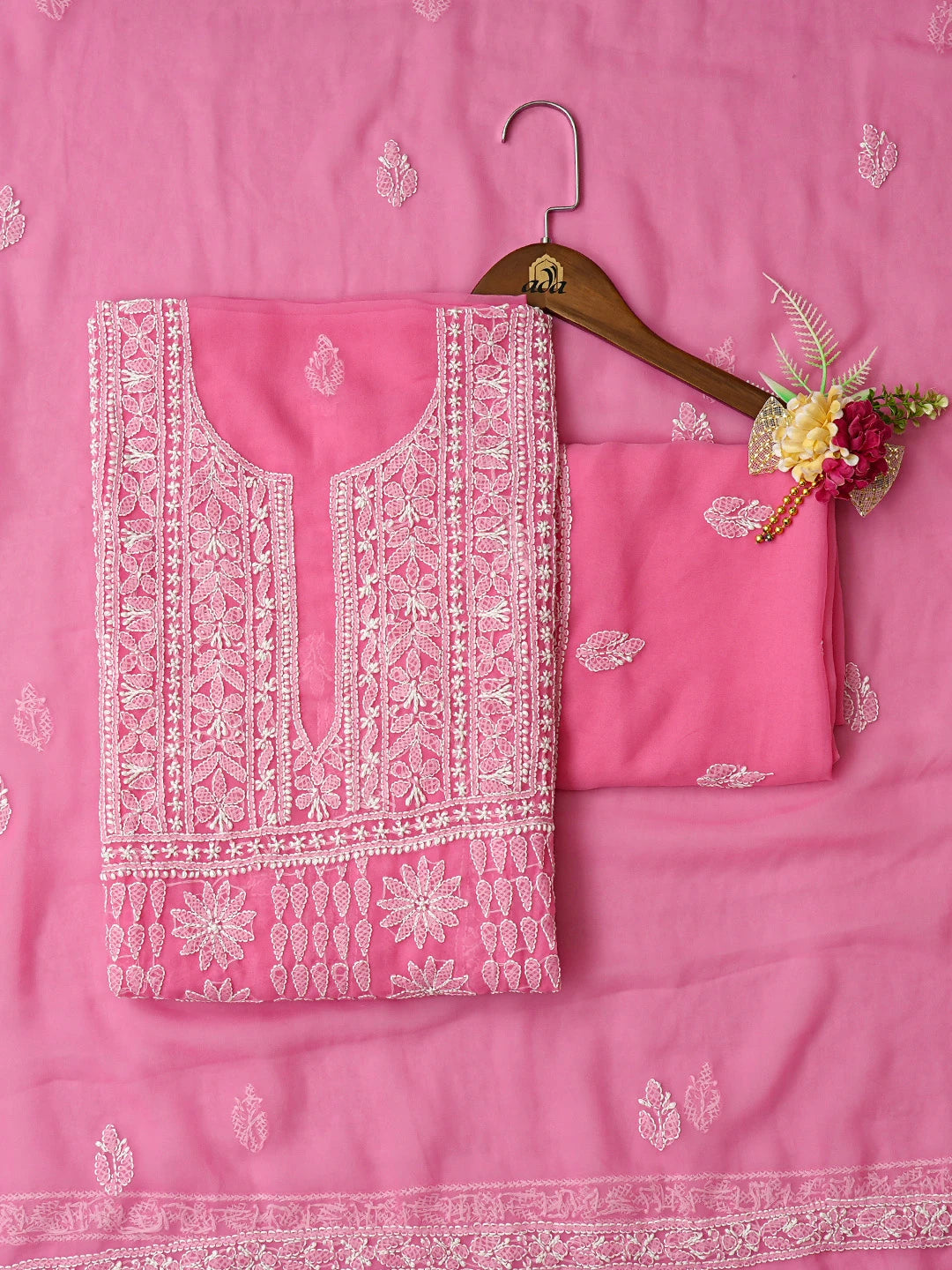 Ada Hand Embroidered Pink Georgette Lucknowi Chikankari Unstitched Suit Piece 01A823818