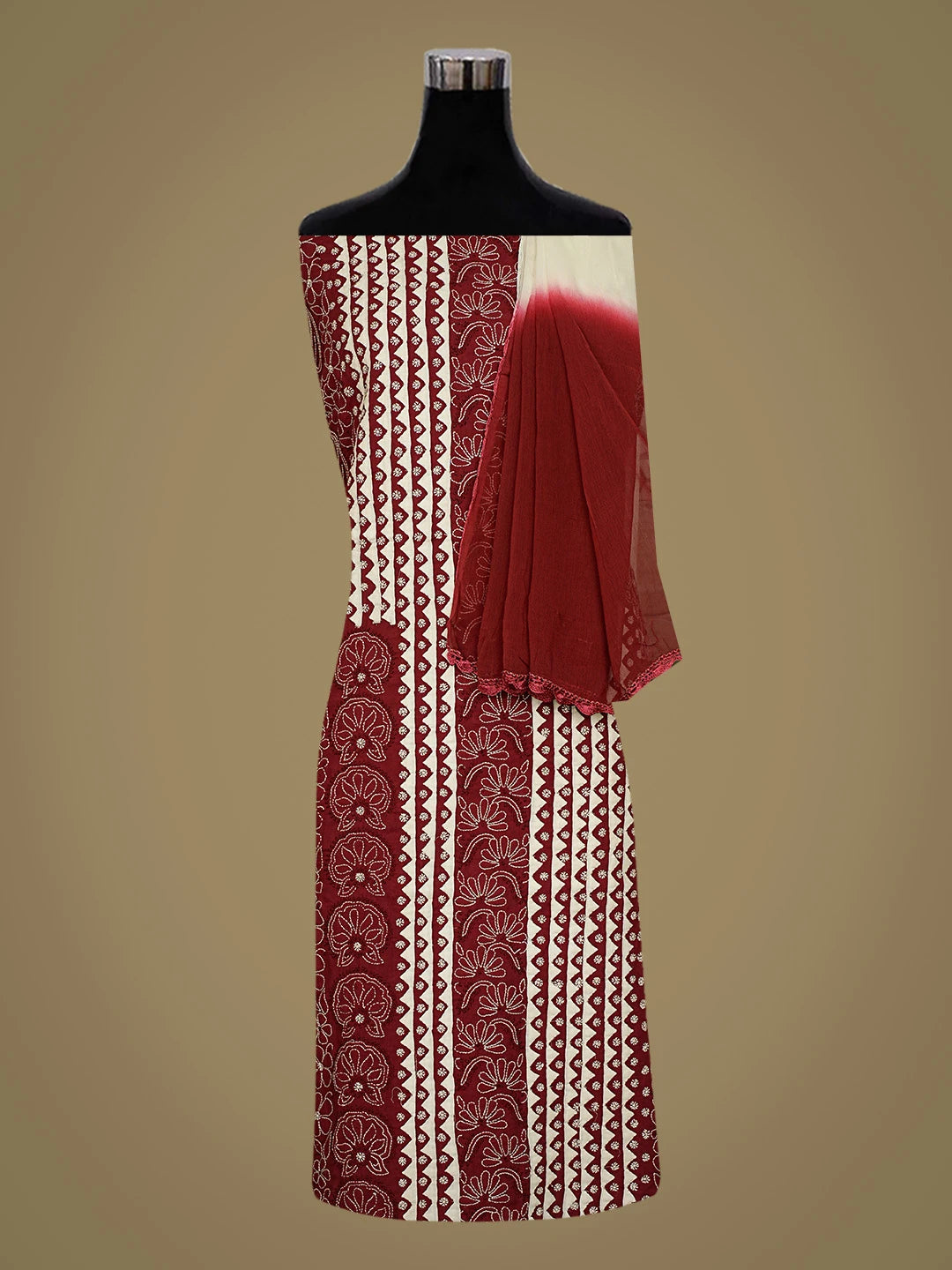 Ada Hand Embroidered Maroon And Cream Cotton Lucknowi Chikankari Unstitched Suit Piece 08A500499