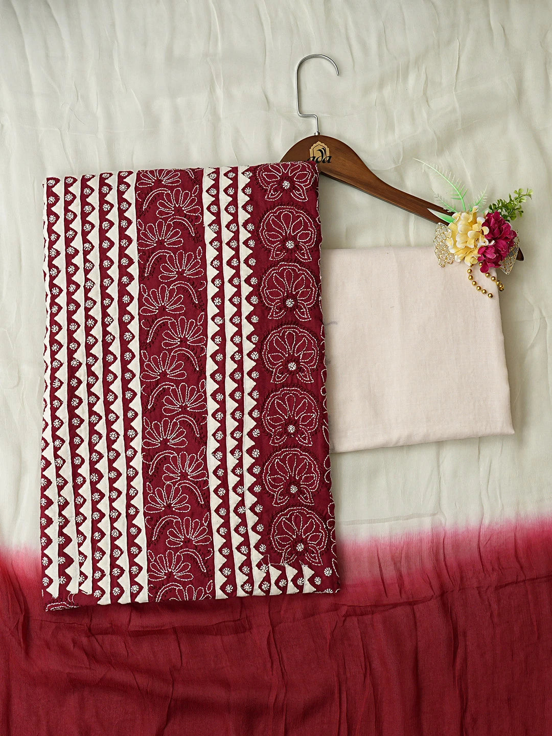 Ada Hand Embroidered Maroon And Cream Cotton Lucknowi Chikankari Unstitched Suit Piece 08A500499
