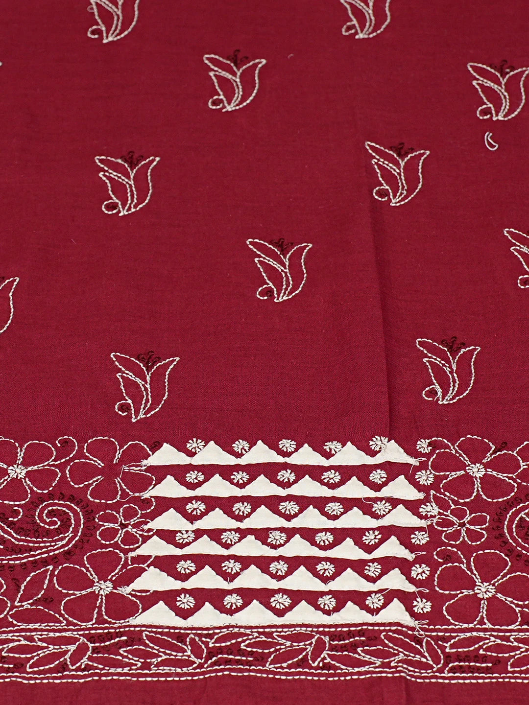 Ada Hand Embroidered Maroon And Cream Cotton Lucknowi Chikankari Unstitched Suit Piece 08A500499