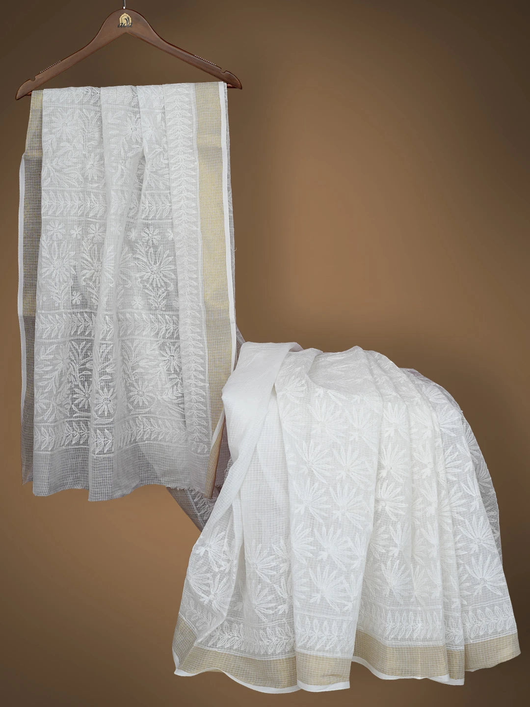 Ada Hand Embroidered White Kota Lucknowi Chikankari Saree and Blouse 01A767512