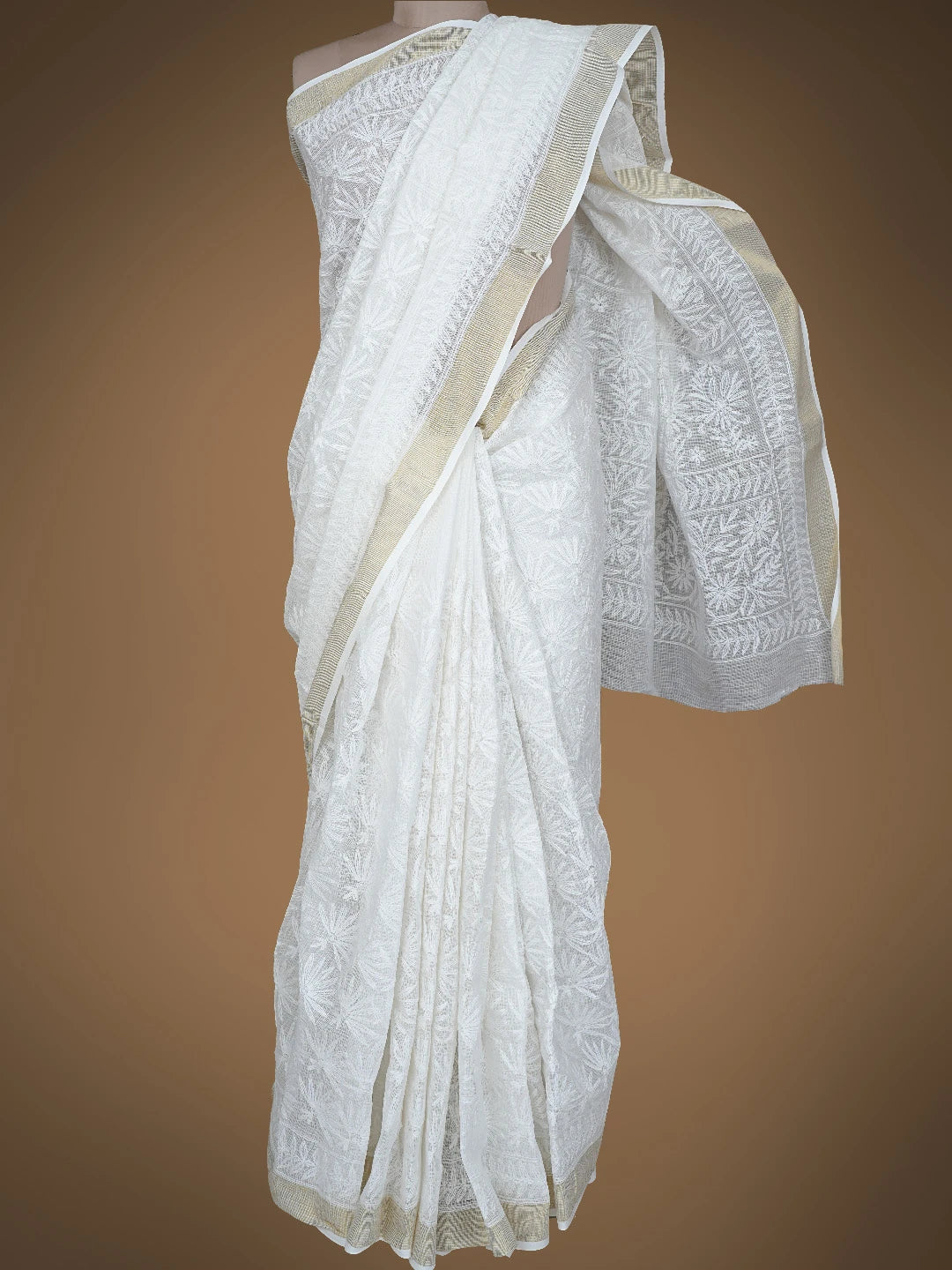 Ada Hand Embroidered White Kota Lucknowi Chikankari Saree and Blouse 01A767512