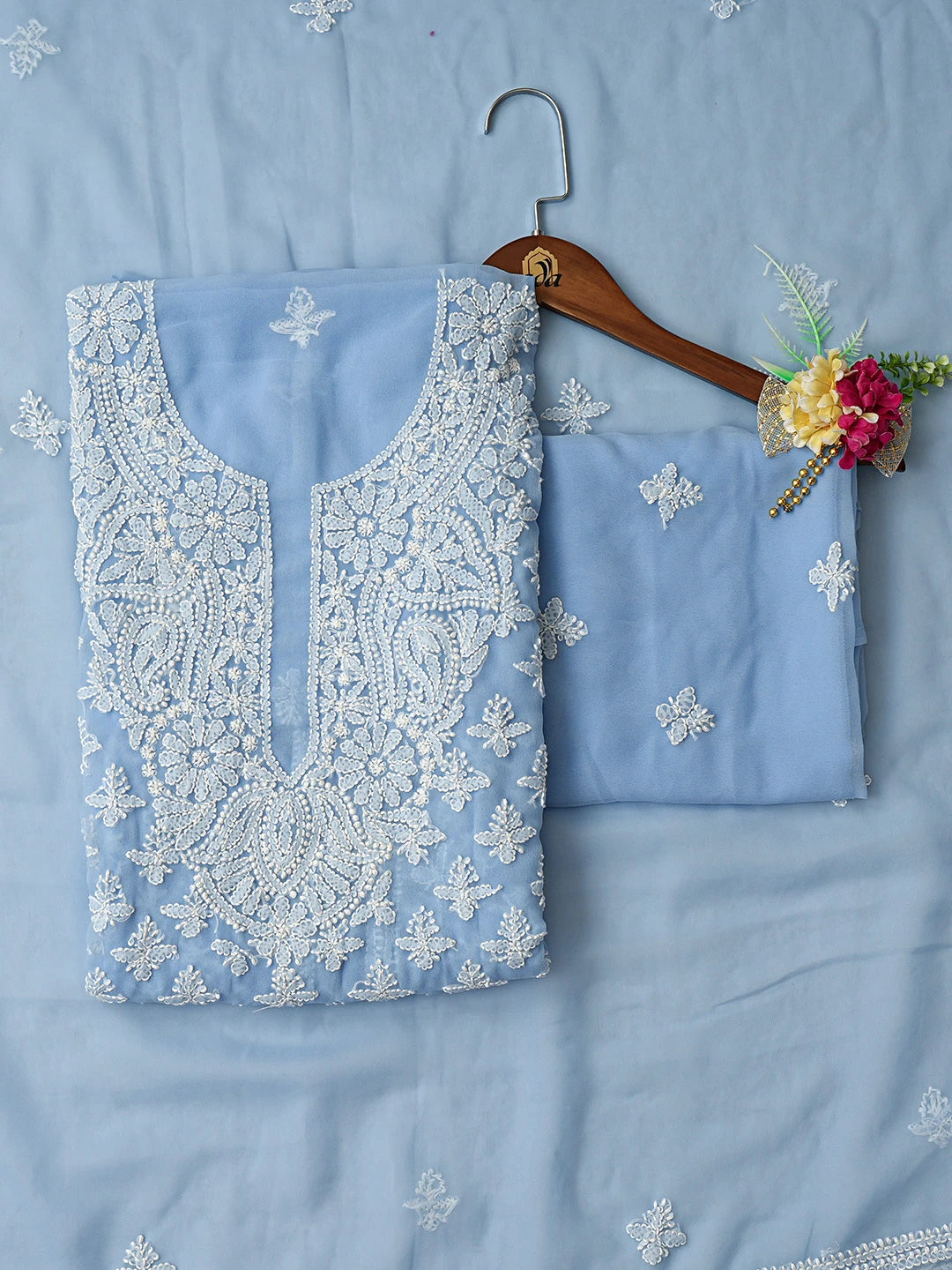 Ada Hand Embroidered Blue Georgette Lucknowi Chikankari Unstitched Suit Piece 01A823776