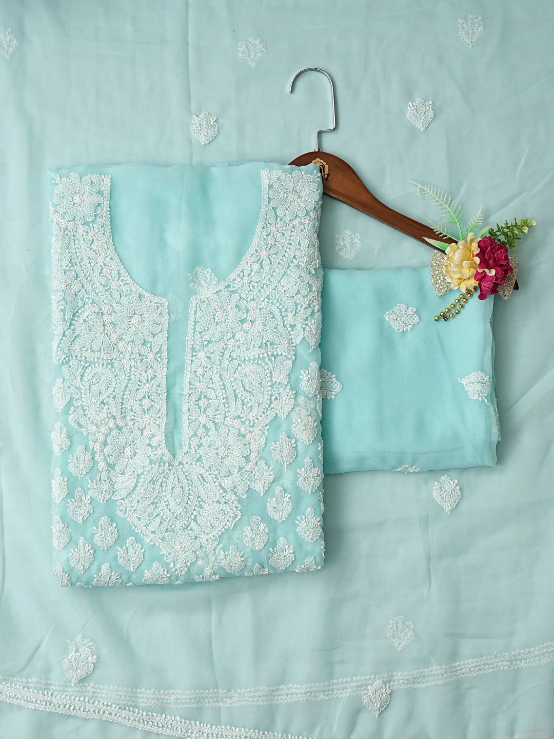 Ada Hand Embroidered Ice Blue Georgette Lucknowi Chikankari Unstitched Suit Piece 01A823778