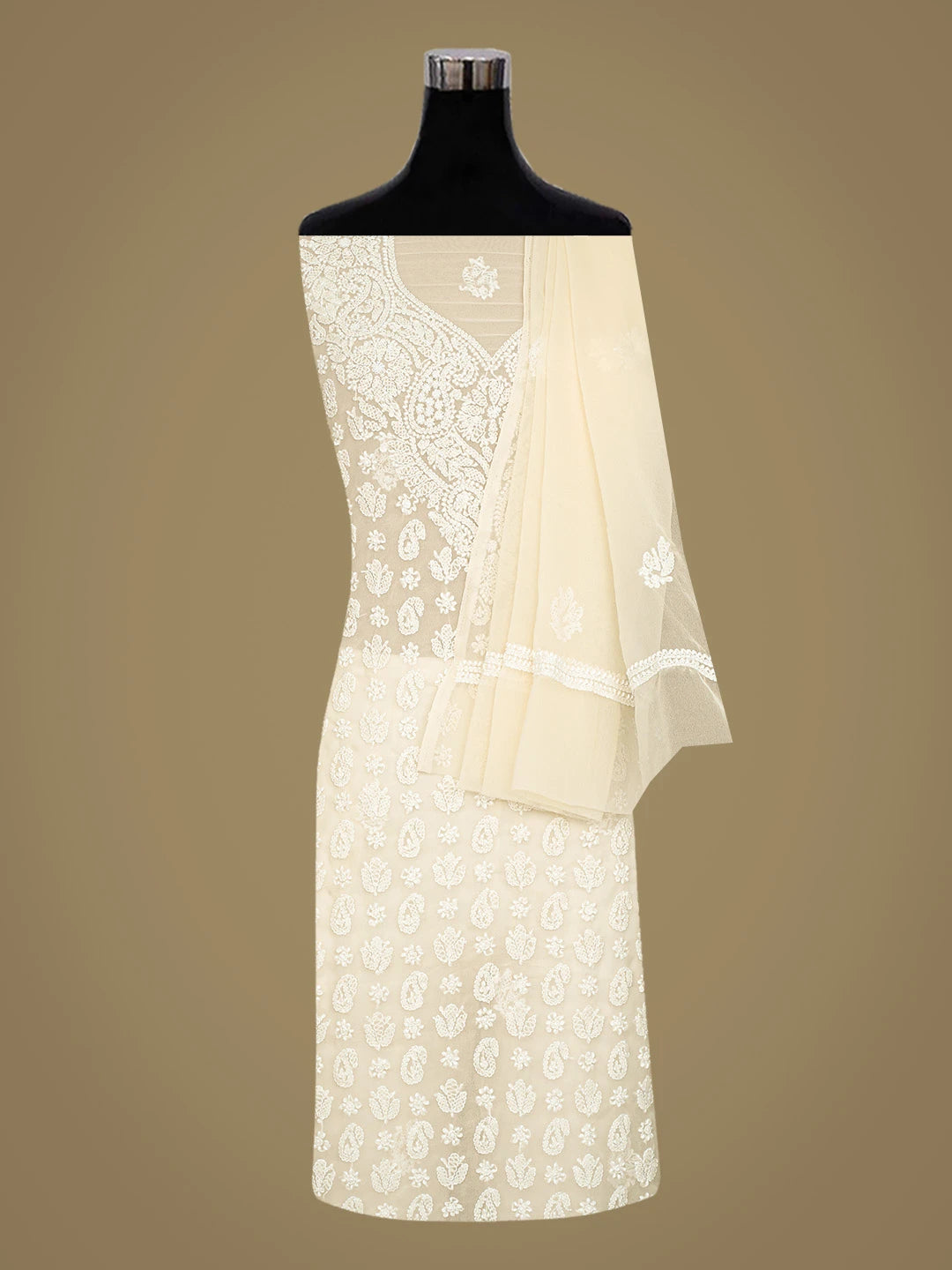 Ada Hand Embroidered Light Fawn Georgette Lucknowi Chikankari Unstitched Suit Piece 01A823775