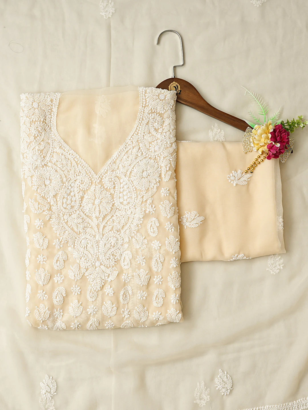 Ada Hand Embroidered Light Fawn Georgette Lucknowi Chikankari Unstitched Suit Piece 01A823775