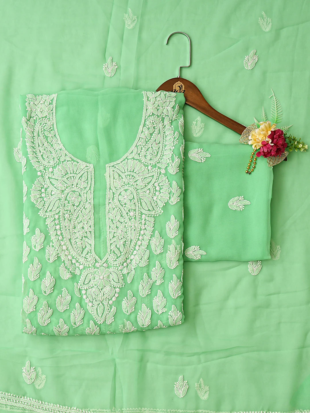 Ada Hand Embroidered Green Georgette Lucknowi Chikankari Unstitched Suit Piece 01A823756