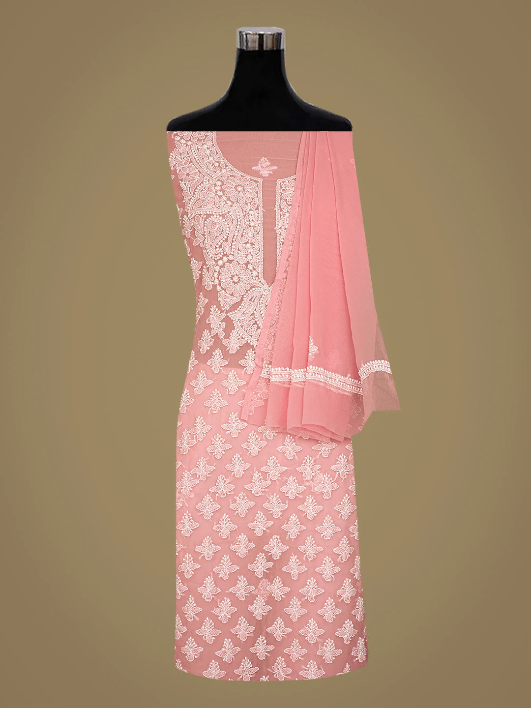 Ada Hand Embroidered Peach Georgette Lucknowi Chikankari Unstitched Suit Piece 01A823762