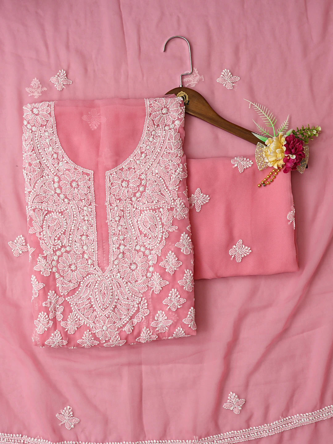 Ada Hand Embroidered Peach Georgette Lucknowi Chikankari Unstitched Suit Piece 01A823762