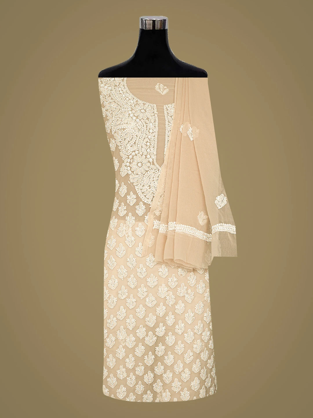 Ada Hand Embroidered Fawn Georgette Lucknowi Chikankari Unstitched Suit Piece 01A823759