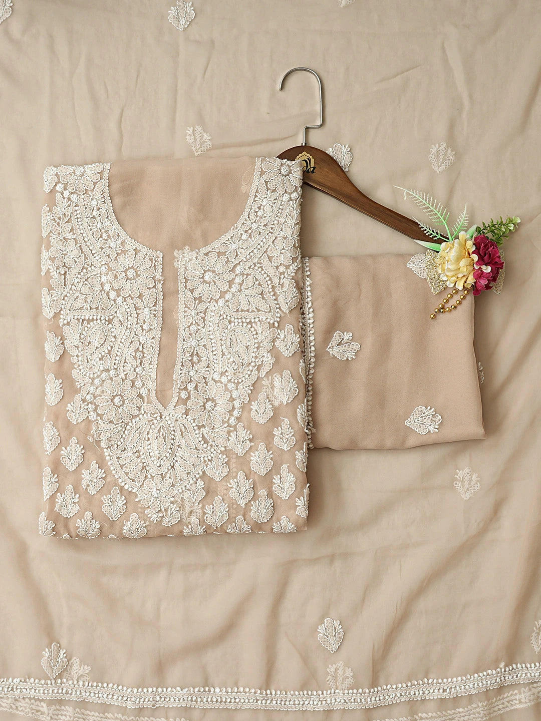 Ada Hand Embroidered Fawn Georgette Lucknowi Chikankari Unstitched Suit Piece 01A823759