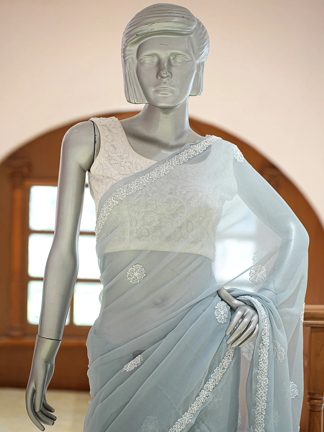 Ada Hand Embroidered Grey Georgette Lucknowi Chikankari Saree and Blouse 01A823334