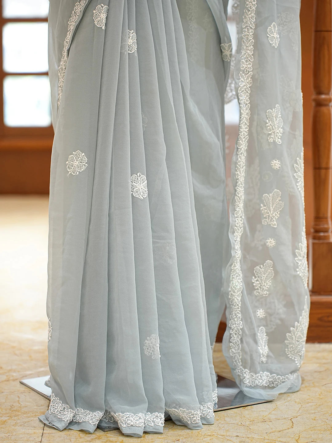 Ada Hand Embroidered Grey Georgette Lucknowi Chikankari Saree and Blouse 01A823334