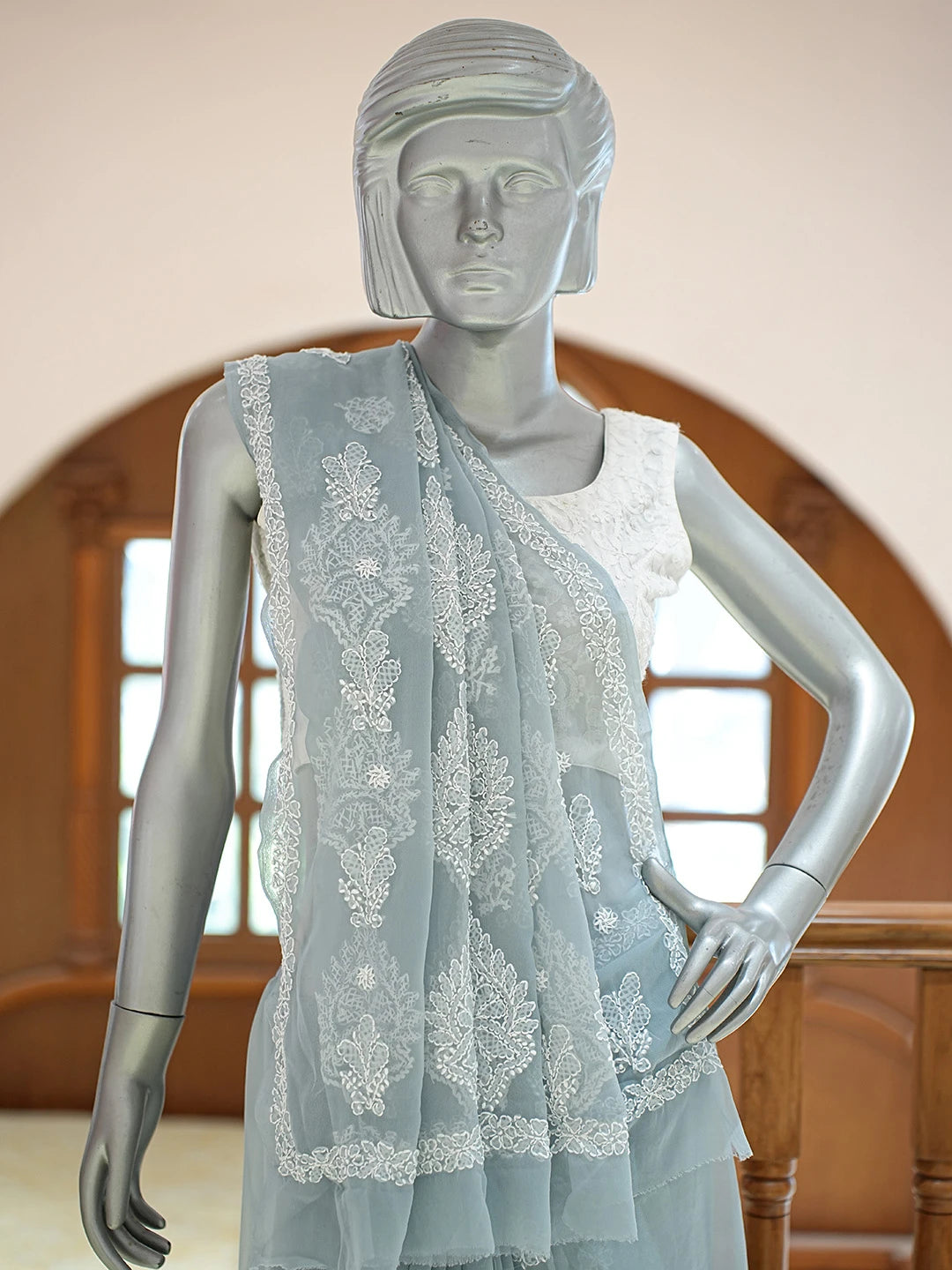 Ada Hand Embroidered Grey Georgette Lucknowi Chikankari Saree and Blouse 01A823334