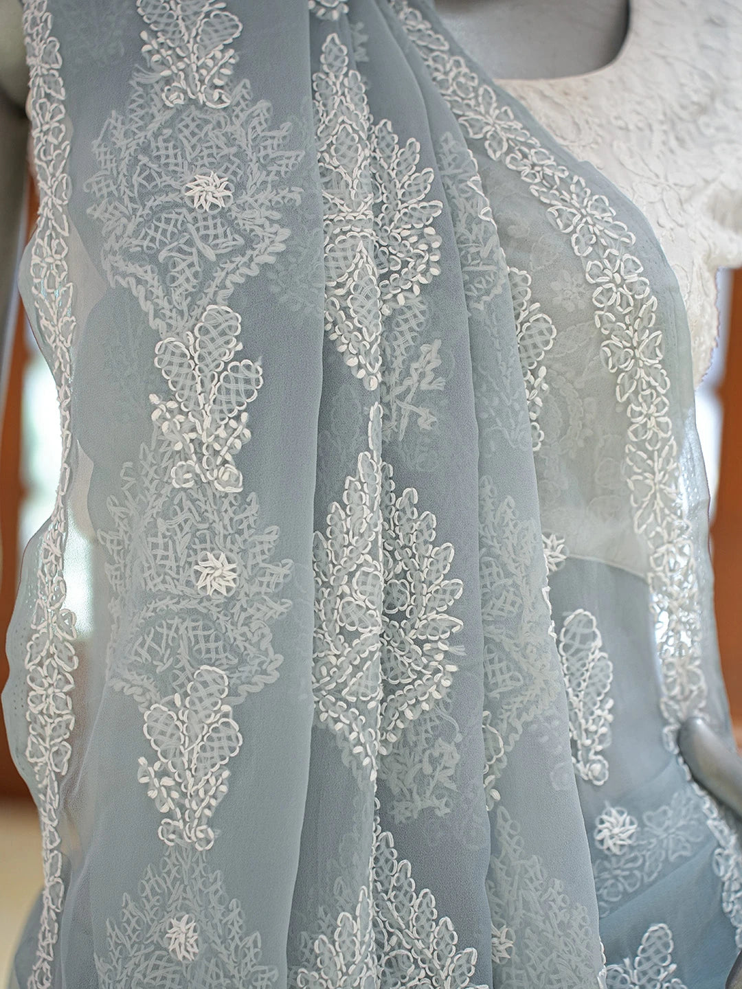 Ada Hand Embroidered Grey Georgette Lucknowi Chikankari Saree and Blouse 01A823334