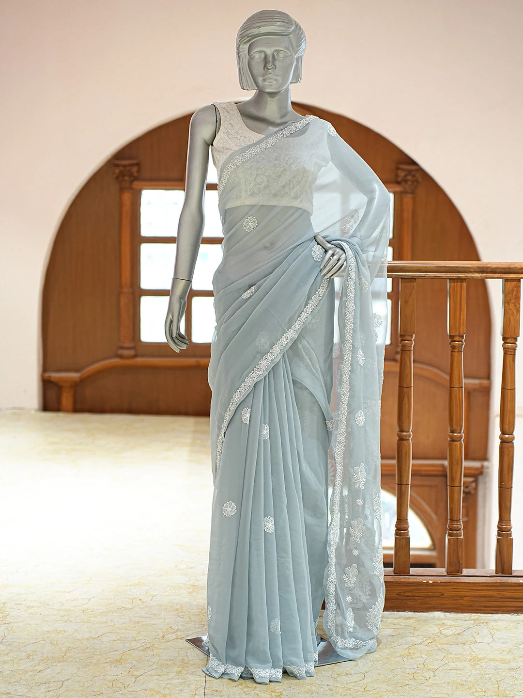 Ada Hand Embroidered Grey Georgette Lucknowi Chikankari Saree and Blouse 01A823334