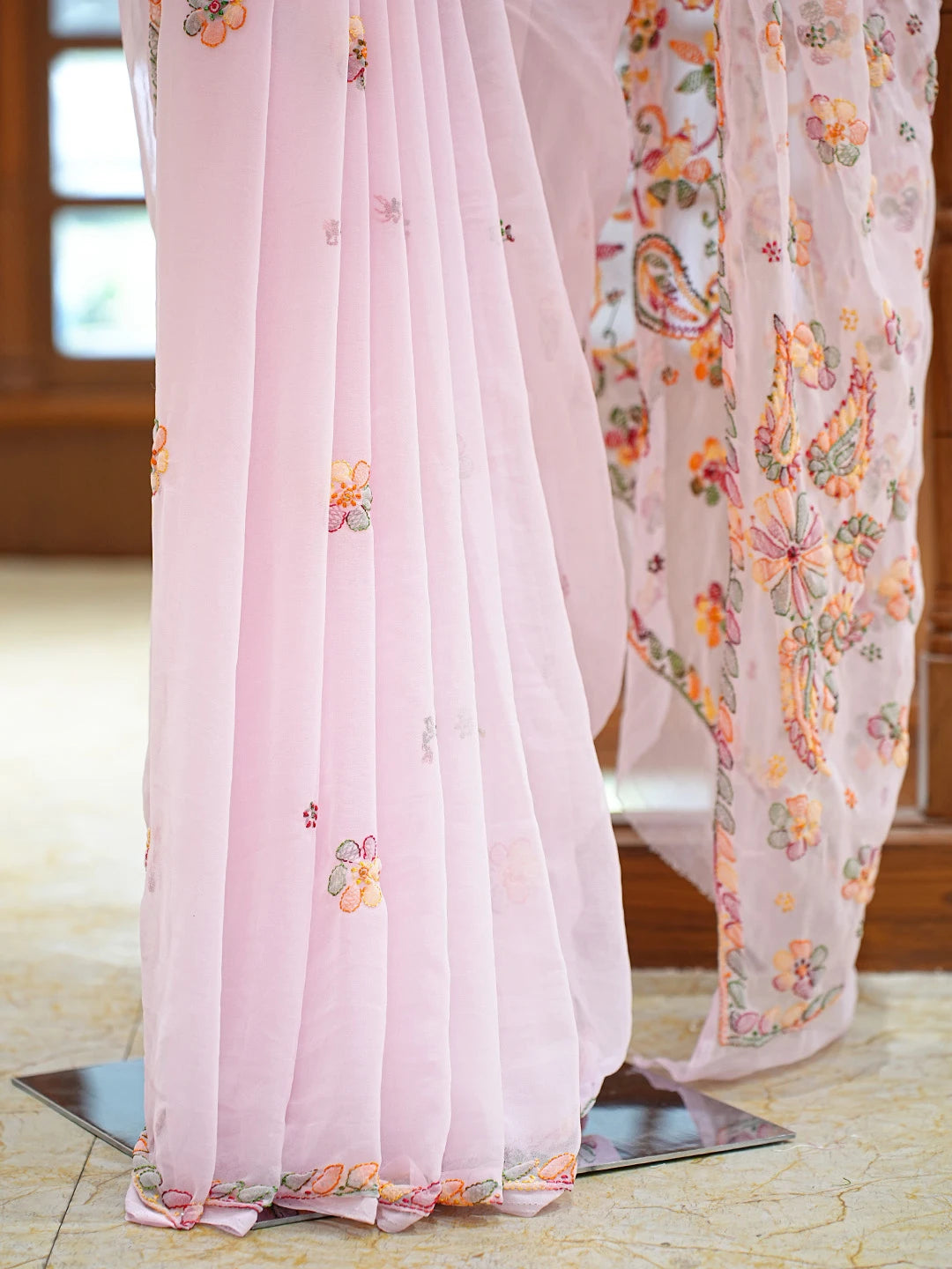 Ada Hand Embroidered Light Pink Georgette Lucknowi Chikankari Saree and Blouse 01A823388
