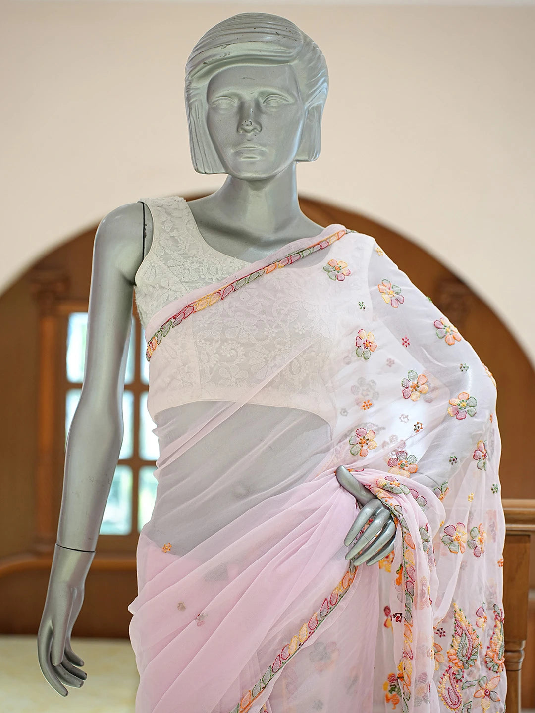 Ada Hand Embroidered Light Pink Georgette Lucknowi Chikankari Saree and Blouse 01A823388