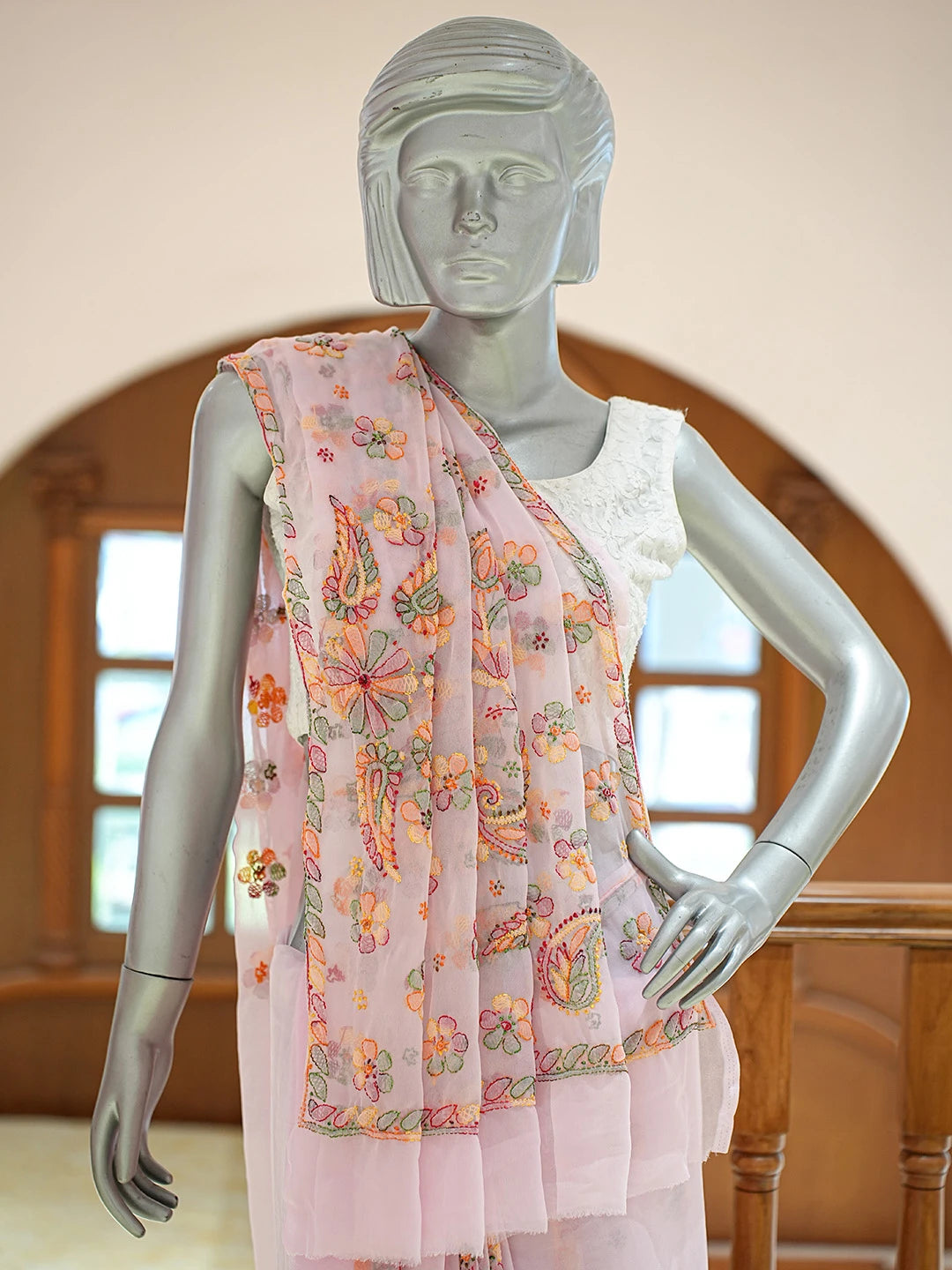 Ada Hand Embroidered Light Pink Georgette Lucknowi Chikankari Saree and Blouse 01A823388