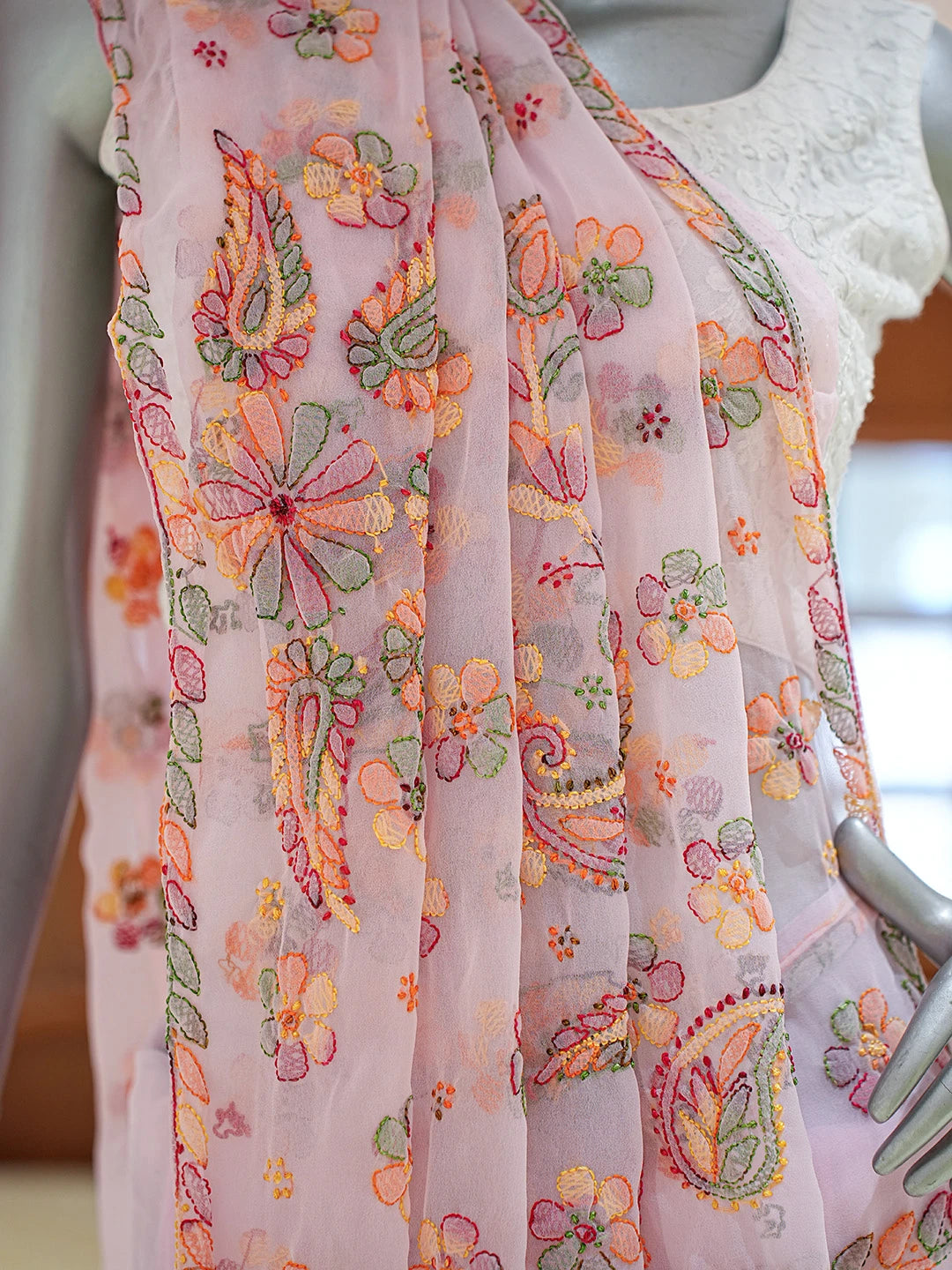 Ada Hand Embroidered Light Pink Georgette Lucknowi Chikankari Saree and Blouse 01A823388