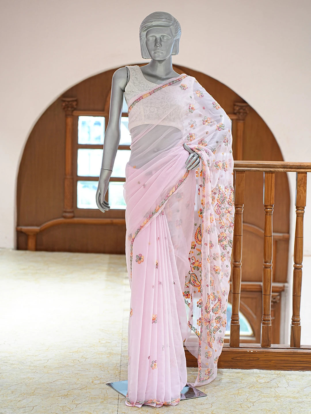 Ada Hand Embroidered Light Pink Georgette Lucknowi Chikankari Saree and Blouse 01A823388
