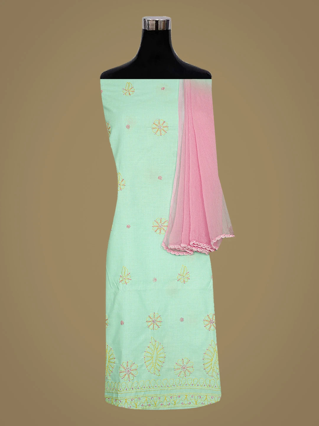 Ada Hand Embroidered Sea Green Cotton Lucknowi Chikankari Unstitched Suit Piece 08A500509