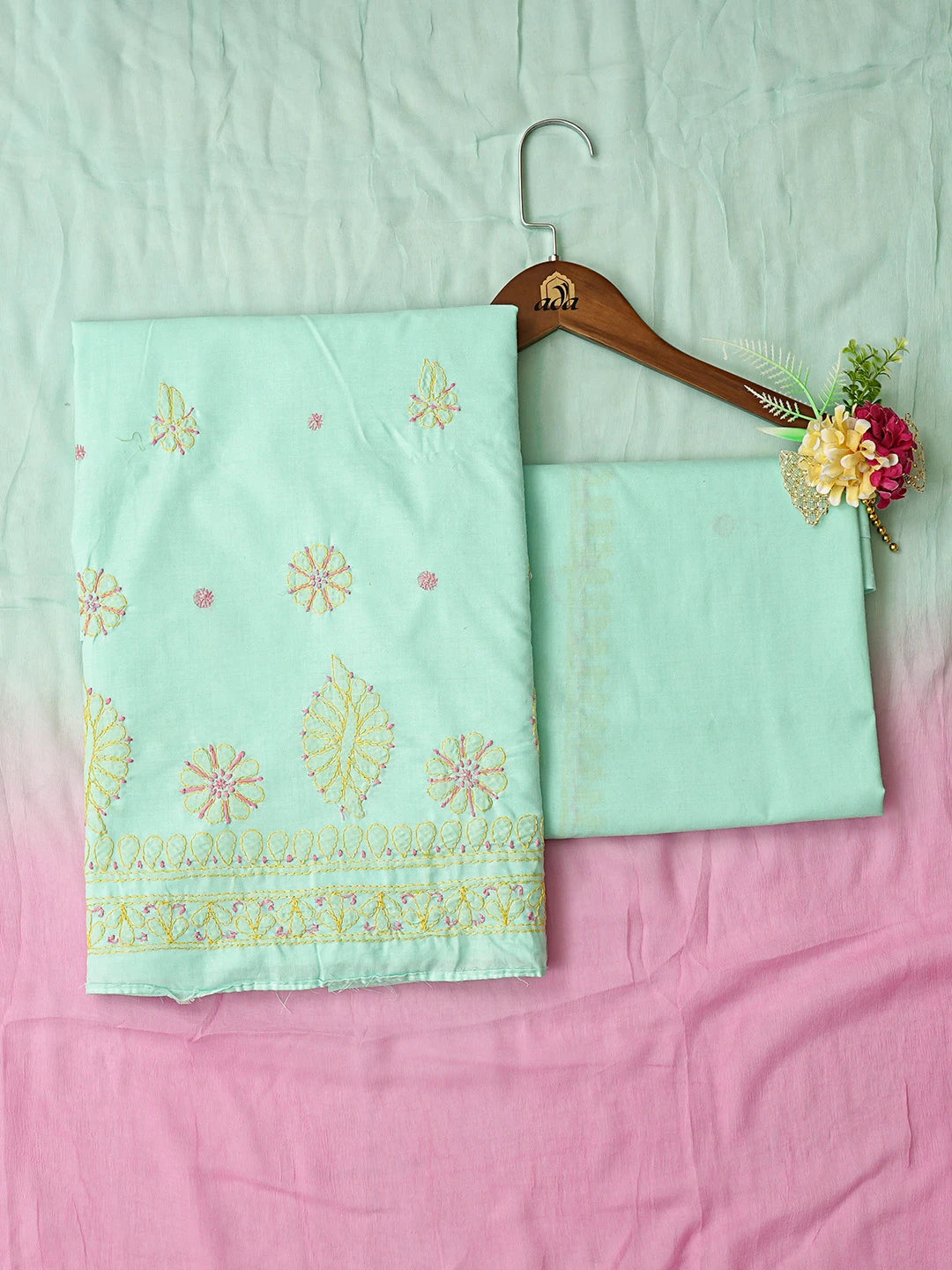 Ada Hand Embroidered Sea Green Cotton Lucknowi Chikankari Unstitched Suit Piece 08A500509