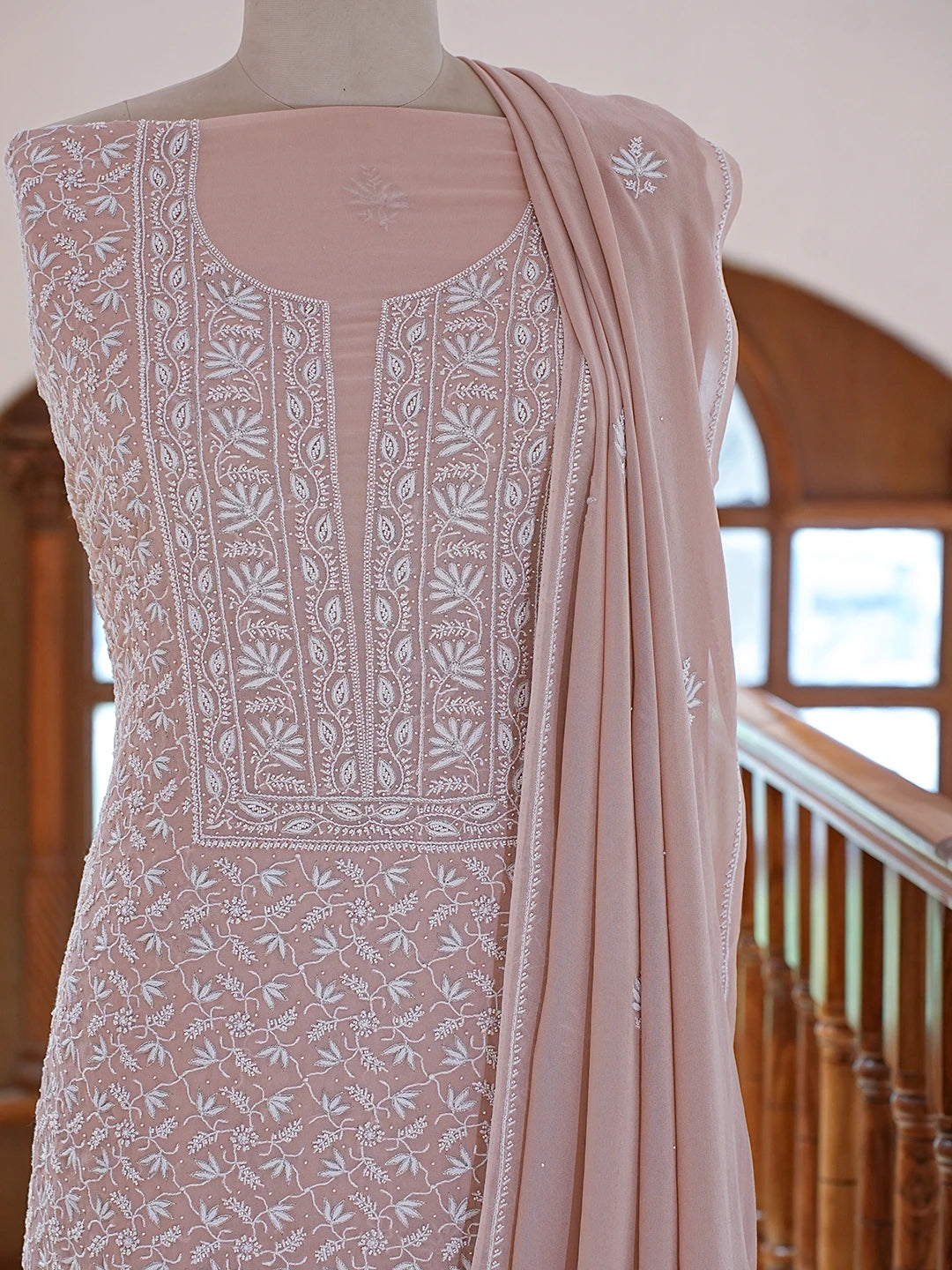 Ada Hand Embroidered Dusty Peach Pure Georgette Lucknowi Chikankari Unstitched Kurta Dupatta Set With Cutdana Work 01A664544