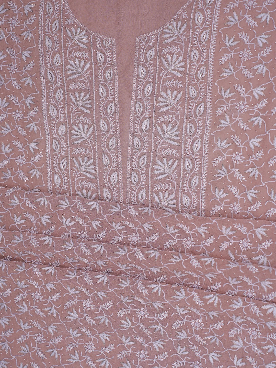 Ada Hand Embroidered Dusty Peach Pure Georgette Lucknowi Chikankari Unstitched Kurta Dupatta Set With Cutdana Work 01A664544