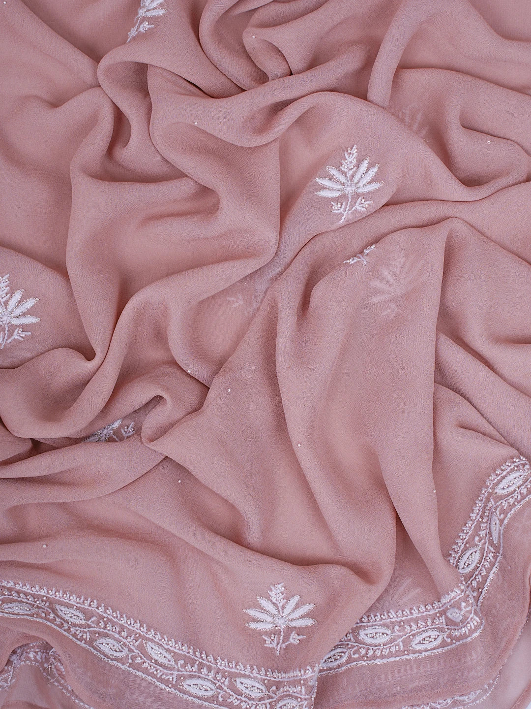 Ada Hand Embroidered Dusty Peach Pure Georgette Lucknowi Chikankari Unstitched Kurta Dupatta Set With Cutdana Work 01A664544