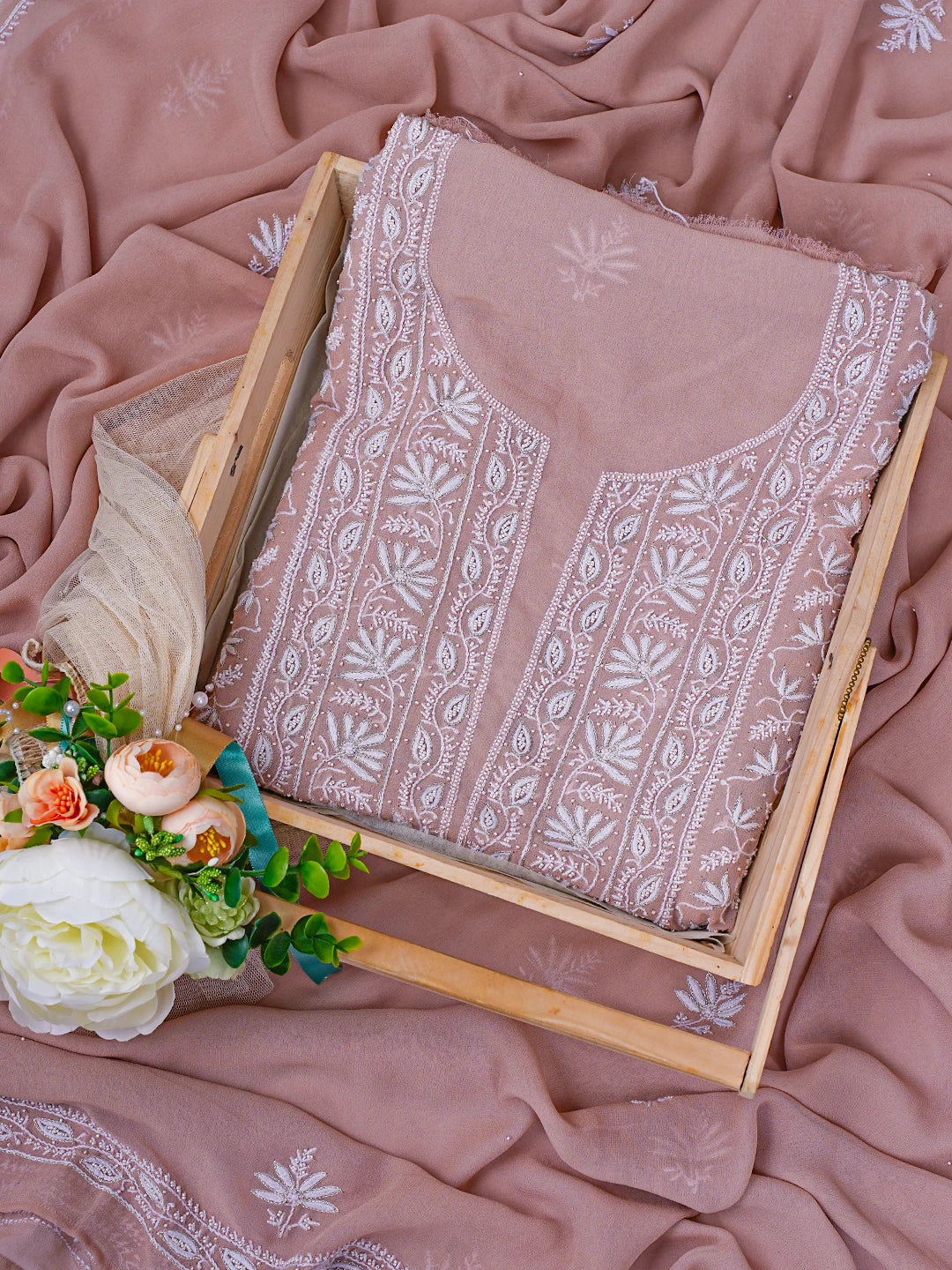 Ada Hand Embroidered Dusty Peach Pure Georgette Lucknowi Chikankari Unstitched Kurta Dupatta Set With Cutdana Work 01A664544