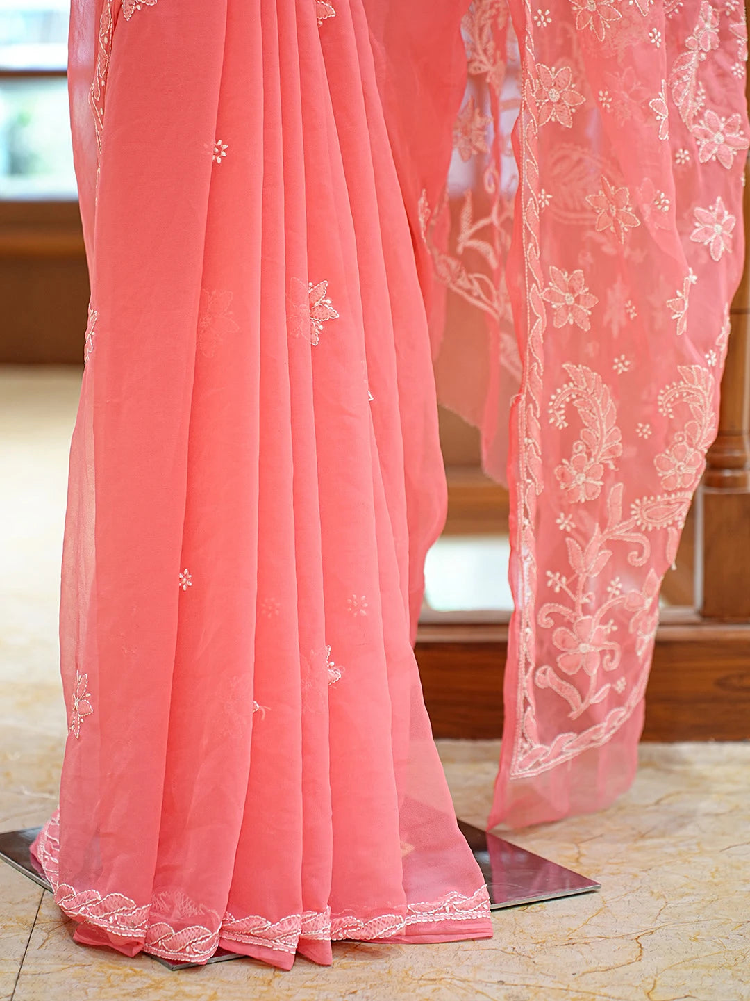 Ada Hand Embroidered Carrot Pink Georgette Lucknowi Chikankari Saree With Blouse 01A823386
