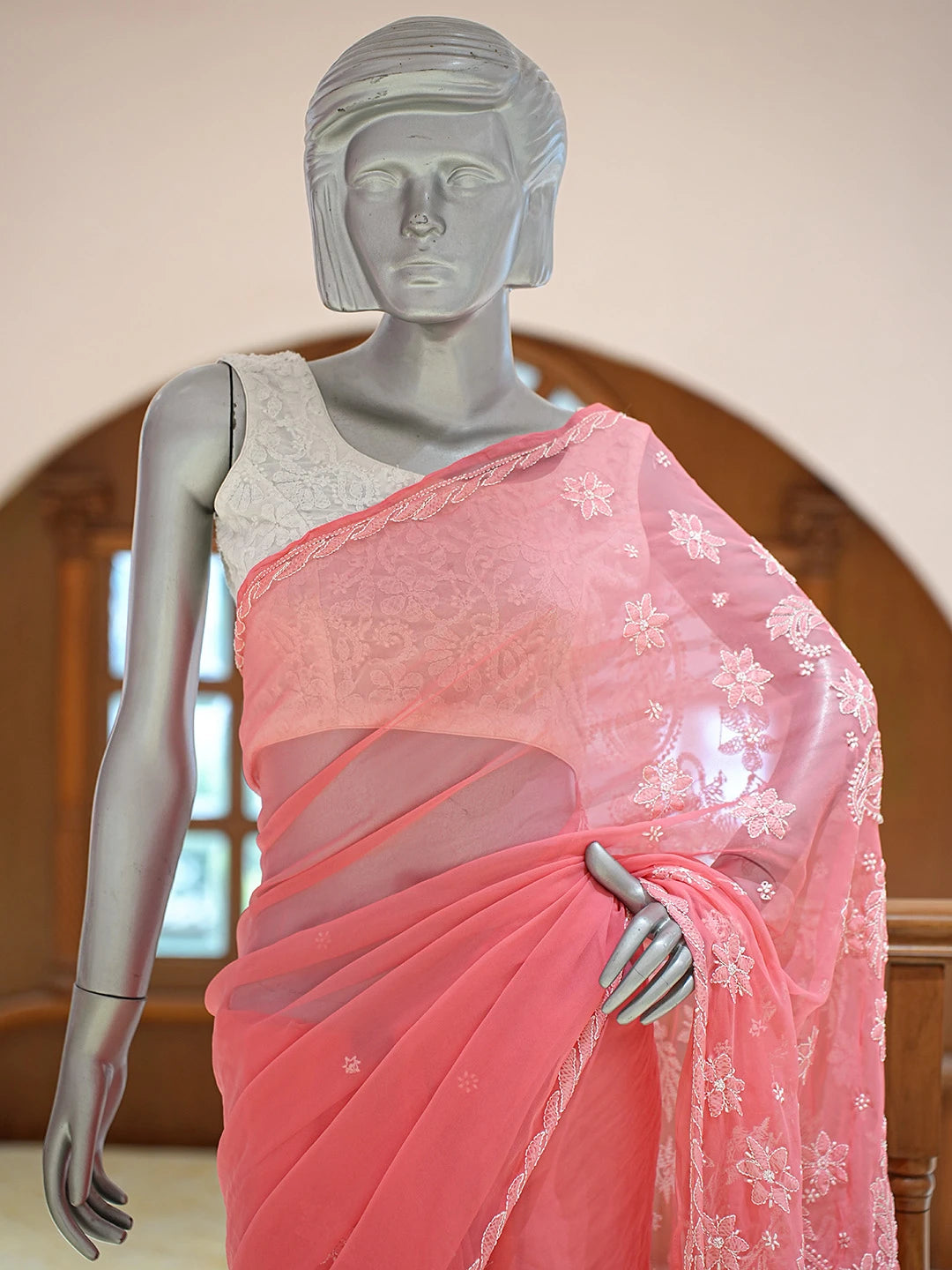 Ada Hand Embroidered Carrot Pink Georgette Lucknowi Chikankari Saree With Blouse 01A823386