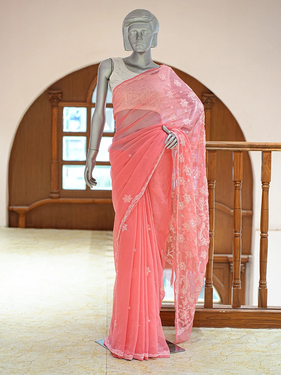 Ada Hand Embroidered Carrot Pink Georgette Lucknowi Chikankari Saree With Blouse 01A823386